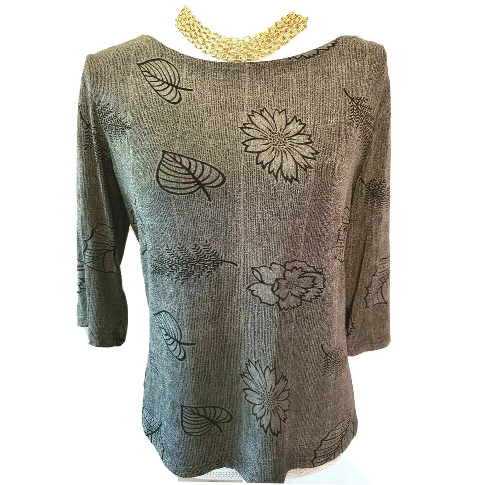 VTG Gantos Womens Black Gray Slinky 3/4 Sleeve Dressy Top Petite Medium PM